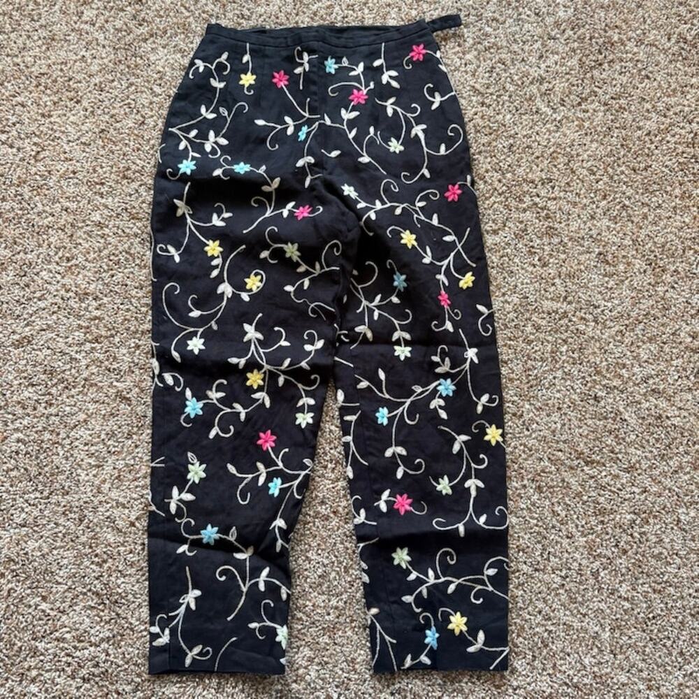 Talbots Irish Linen Black with Floral Embroidery Petites Pants Lagenlook sz 6P